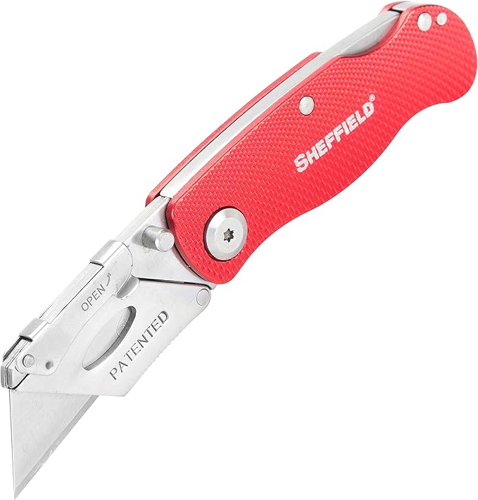Sheffield Folding Utility Knife, Accepts Standard Utility Knife Blades, Box Cutter Aluminum Handle, Razor Blades Included, For Home, Office, Trades, and Warehouse