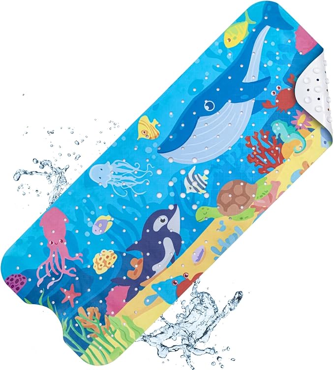 Baby Bath Mat Non Slip, Cartoon Kids Bath Mat for Tub 40 x 16 Inches, Non Slip Bathtub Mat with Suction Cups and Drain Holes Shower Stall Mats, Machine Washable, Dolphin