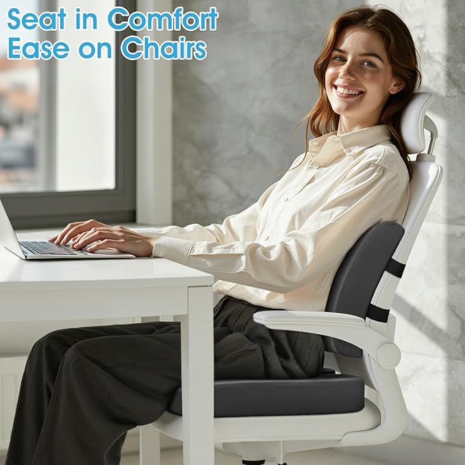 CushZone Seat Cushion, Lumbar Support Pillow with Adjustable Strap-Chair Cushions for Sciatica Pain Relief-with Washable Cover Memory Foam for Car, Travel and Wheelchair-Gray