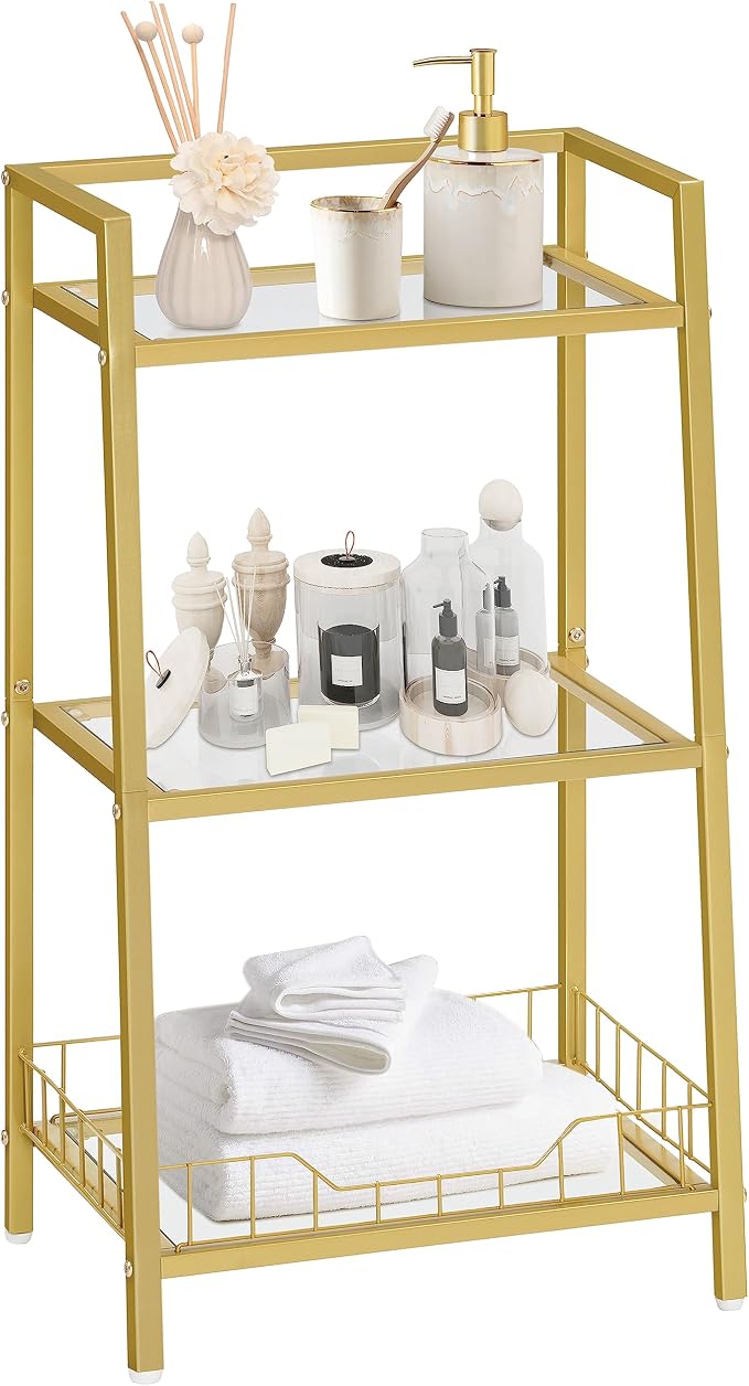 HOOBRO Gold Glass Shelf Stand, 3 Tier Standing Shelf Unit, Bathroom Organizer and Storage, Floor Storage Shelves Waterproof, for Bathroom, Laundry, Toilet, Tempered Glass, Gold GD77CJ01