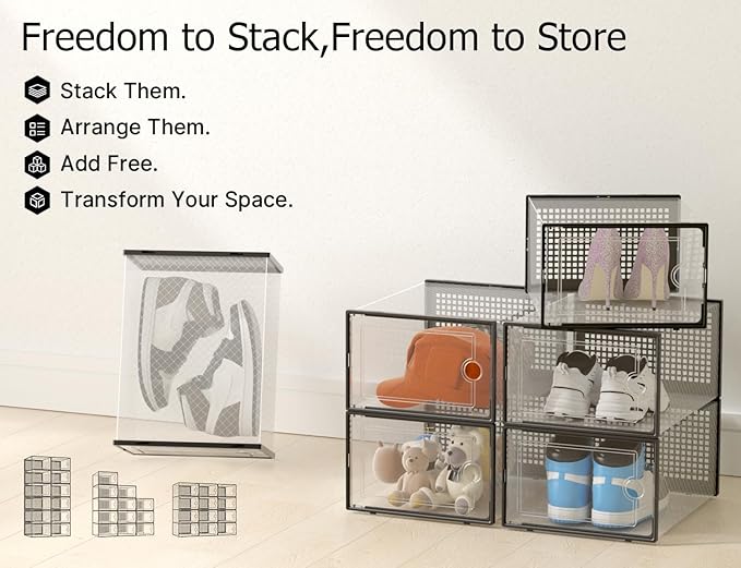 Kuject X-Large Shoe Storage Boxes Organizers Clear Plastic Stackable 12 Pack, Shoe Rack & Holder Substitute, Sneaker Containers, Toy Storage Organizer Bins for Entryway, Closet, Under Bed, Black