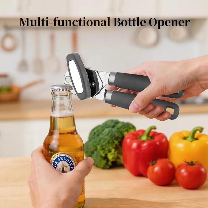 Can Opener Manual, Hand Heavy Duty Stainless Steel Bottle Opener Comfortable Handle, Sharp Blade Smooth Edge, Multifunctional Kitchen Tool, Gray