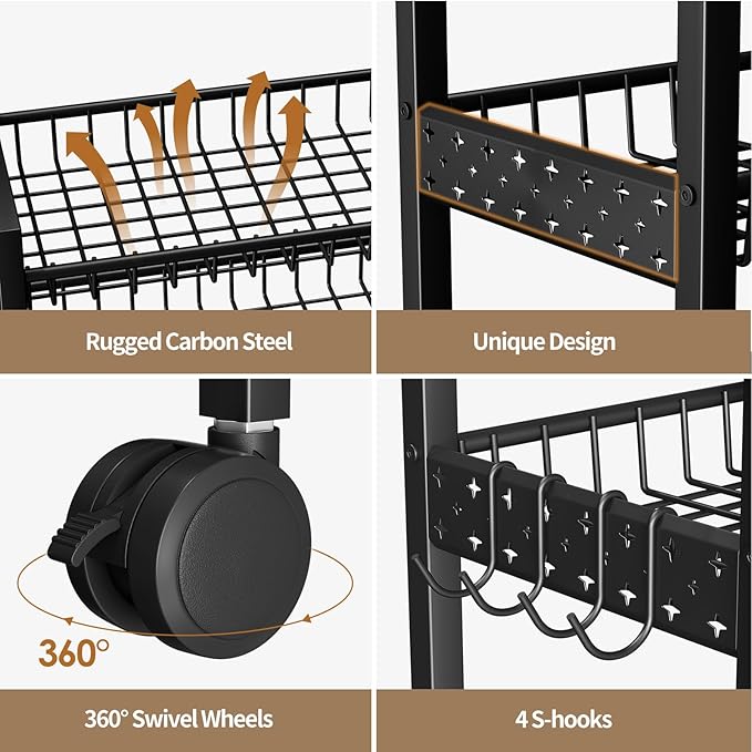 6 Tier Slim Storage Cart, Narrow Rolling Cart with Wheels, Narrow Mobile Utility Shelf Unit Organizer for Kitchen, Bathroom, Laundry Room, Living Room, Small Places, 6in(W), Black