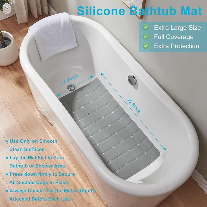 Webos Non-Slip Bath Mat for Tub & Shower：Silicone Foldable Bathtub Mat with Strong Suction Cups, Quick Drain Holes, Machine Washable Extra Large Bathroom Mats 35.8" x 17.7", Grey