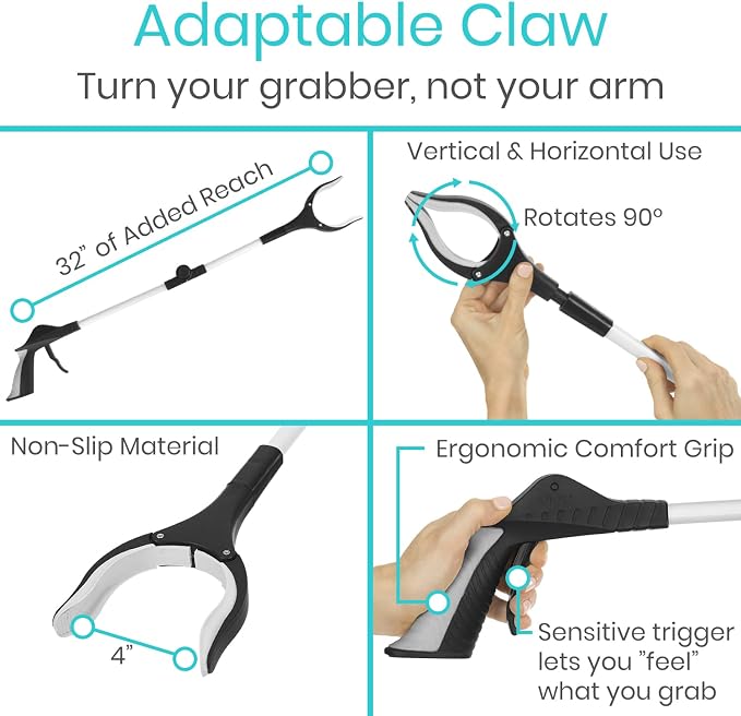 Vive 32" Grabber Reacher Tool - Foldable Pickup Stick with Rotating Jaw & Sensitive Trigger - Heavy Duty Mobility Grip Hand Aid - Extra Reach Extender Claw for Seniors, Elderly, Handicap