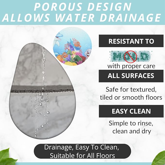 ENKOSI Loofah Non-Slip Shower and Bath Mat - Soft Cushioned Comfort - No Suction Cups for Smooth or Textured Tubs - Fast Draining - Safety for Bathroom, Family, Kids, and Elderly (24x16 Dolphin)