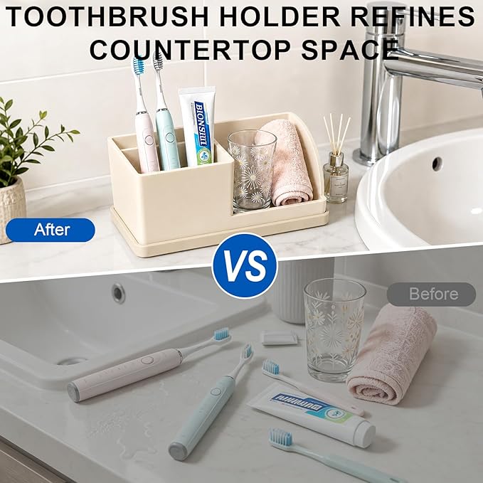 Bathroom Toothbrush Holders, 4 Slots Silicone Counter Organizer Storage Beige, Detachable Anti-Slip Vanity Organizer for Electric Toothbrush, Toothpaste & Phone