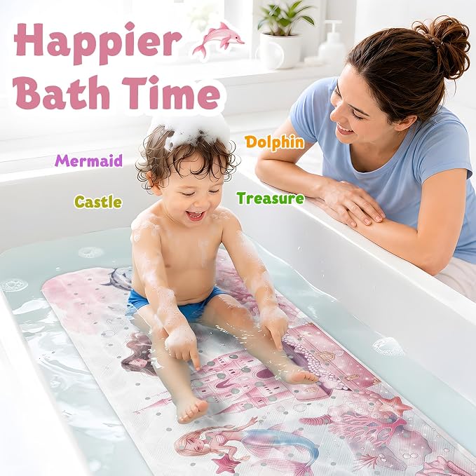 XIYUNTE Baby Bath Mat for Tub Non Slip Kids, BPA Free Extra Long Bathtub Mat 40x16 with Drain Holes and 200 Suction Cups, Non Toxic Machine Washable Toddler Bath Mat, Eco-Friendly Certified