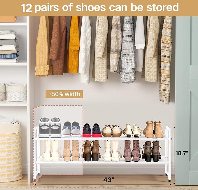 KEETDY 2-Tier Long Shoe Rack for Closet Metal Shoe Organizer for Entryway, Wide Stackable Shoe Storage Shelf with Sturdy Wire Grid for Closet Floor, Bedroom, White