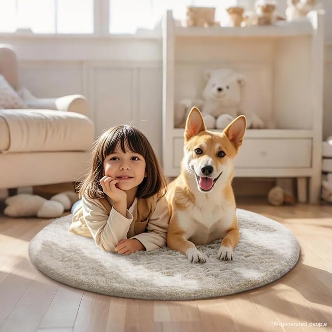 Ophanie Round Rug Ivory Circle Area Rug, Fluffy Fuzzy Bedroom Carpet, Plush Soft Shaggy Indoor Floor Cream Living Room 2Ft Rugs for Kids Home Decor Aesthetic, Nursery
