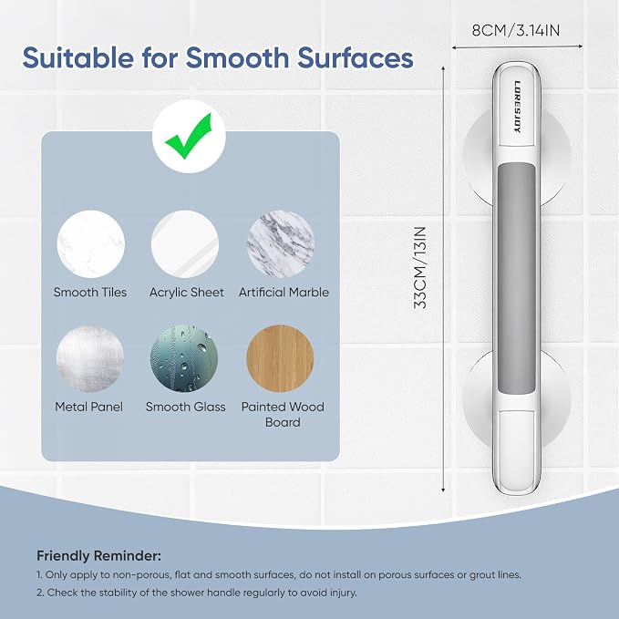 Grab Bars for Bathtubs and Showers with Indicator, Suction Cup Shower Handle, Surface Safety Grip, Strip Locking Latches Removable Bathroom Support, Easy Install Tool-Free Design (2-PCS)