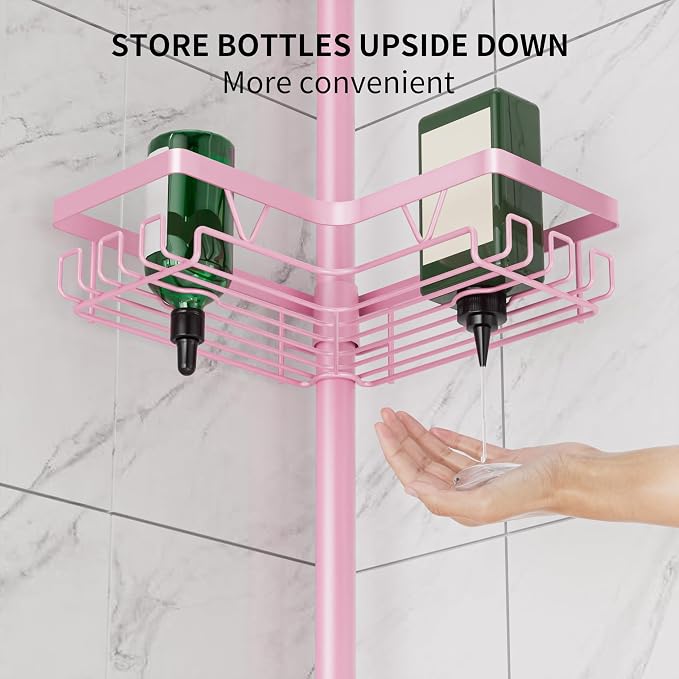 DAOYA Corner Shower Caddy Tension Pole - Pink - Rustproof Adjustable Bathroom Organizer Shelf for Shampoo, 25–114.2 Inch Shower Rack for Renters, Apartments