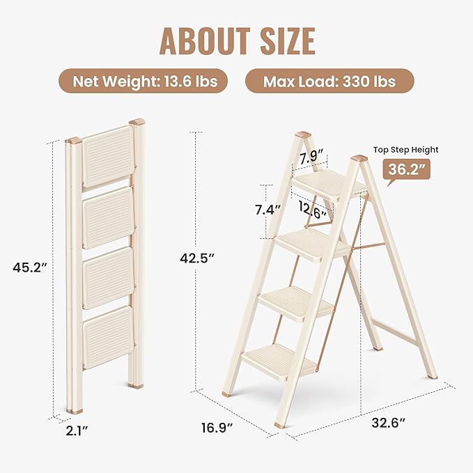 4 Step Ladder, 4 Step Stool for Adults, Folding Step Ladder with Secure Footing, Widened Pedal, Aesthetically Pleasing Looking, Blends Right into Domestic Rooms, Cream Chocolate