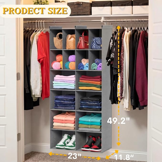 Ofiray-home 6 Tier Hanging Closet Organizer, 16 Compartments Sweater Organizer for Closet with 3 Sturdy Hooks, Closet Organizers and Storage, Wardrobe, Rv, Garment Rack, Grey