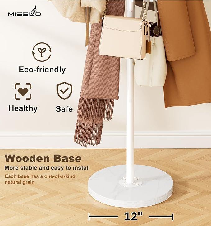 MISSLO Heavy Duty Coat Rack Freestanding with Stable Wood Base Modern White Coat Tree with 12 Hooks Adjustable Coats Hanger Stand Stylish Standing Clothes Tree for Entryway Bedroom Corner Hall