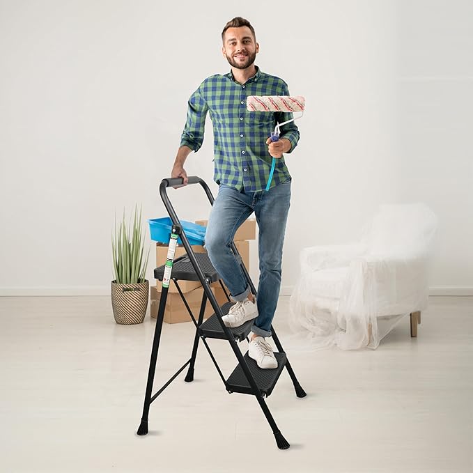 Arbusb Step Ladder, Folding Step Stool with Wide Anti-Slip Pedals, Sturdy Steel Ladder with Handrail, Space-Saving, Portable for Home & Adults, 3 Step Ladder