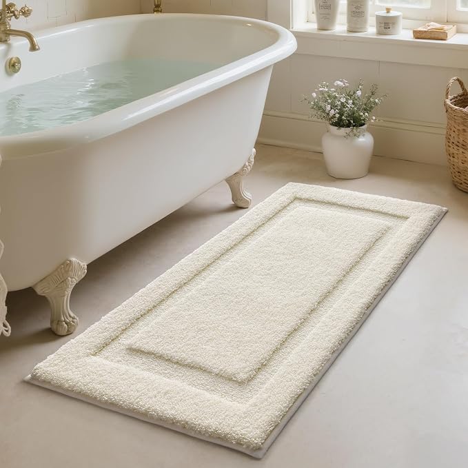 LUMI Ultra Soft Bathroom Rugs Non Slip with Rubber Backing, Absorbent Washable Bath Mat Quick Dry, Upgraded Premium Microfiber Plush Carpet for Bathtub and Shower Floor, Ivory White, 24x60