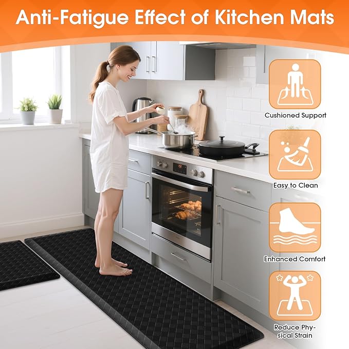 TranquilRelax 4/5 Inch Thick Anti-Fatigue Kitchen Mats 2Pcs, Cushioned Non-Slip Waterproof Sink & Stove Floor Mats, Comfortable Standing Rug Set for Kitchen, Laundry & Entryway Black