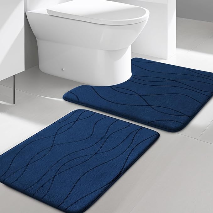 YIHOUSE Memory Foam Bathroom Rug Sets, Navy Blue, 2 Piece-U Shape Small Mat | Ultra Soft, Absorbent, Non-Slip, Machine Washable