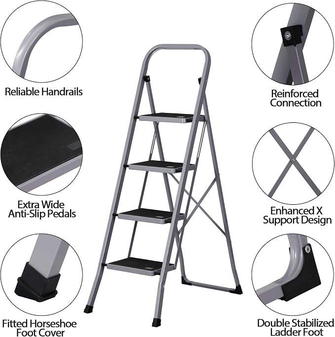 ZENY 4 Step Ladder Folding Step Stool with Wide Anti-Slip Pedal, Convenient Handgrip, Portable Steel Step Stool, 330 lbs Sturdy Steel Ladder for Household and Office, Gray