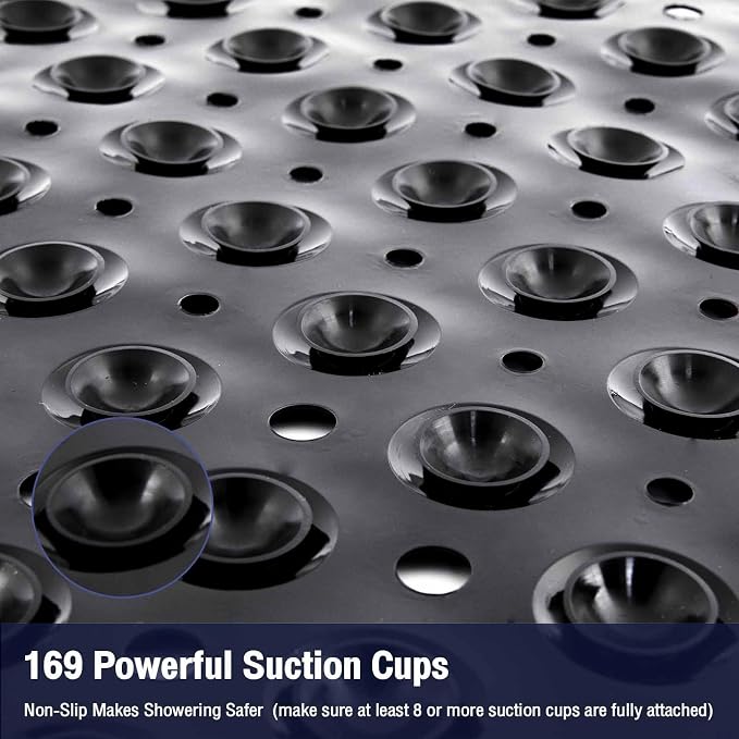 Black Square Shower Bathtub Mat Non Slip 21x21 Inch, Soft Bath Mat for Inside Shower Tub, Shower Stall Mats for Bathroom Floor, Big Suction Cups Drain Holes, Easy Washable and Dry, BPA-Free