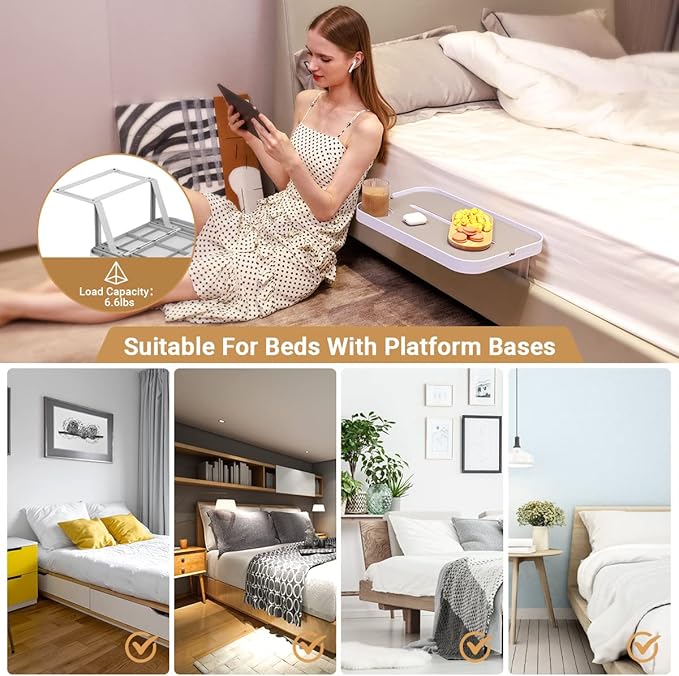 KIWIFOTOS Bedside Shelf for Bed Bedside Tray Table Under Mattress for Box Spring/Plate/Platform Bed 17" Large Tray Nightstand Shelf Side Caddy for College Dorm