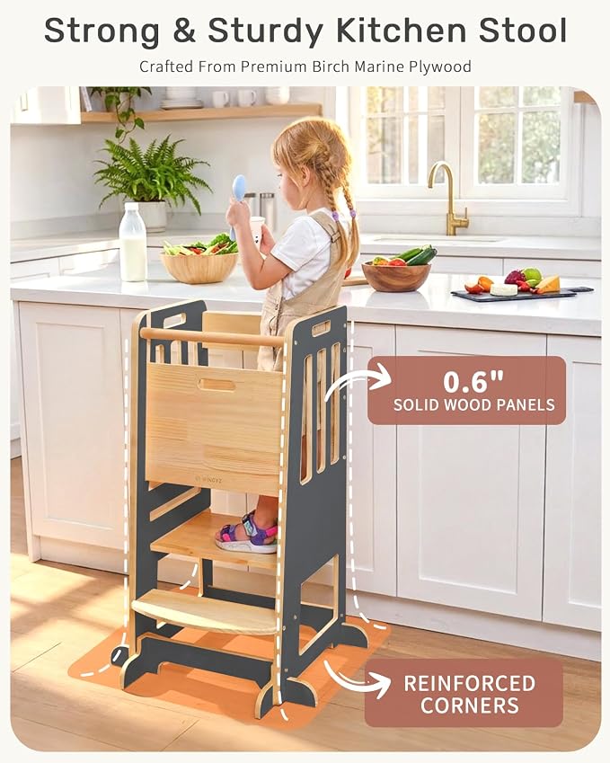 WINGYZ Toddler Tower - Anti-Tip Natural Wood Learning Stool Helper for Kids 18M-6Y, 150lb Capacity Kitchen Stool with 3-Height Adjustable Platform and Sliding Door Access, 20lb Portable Design, Black