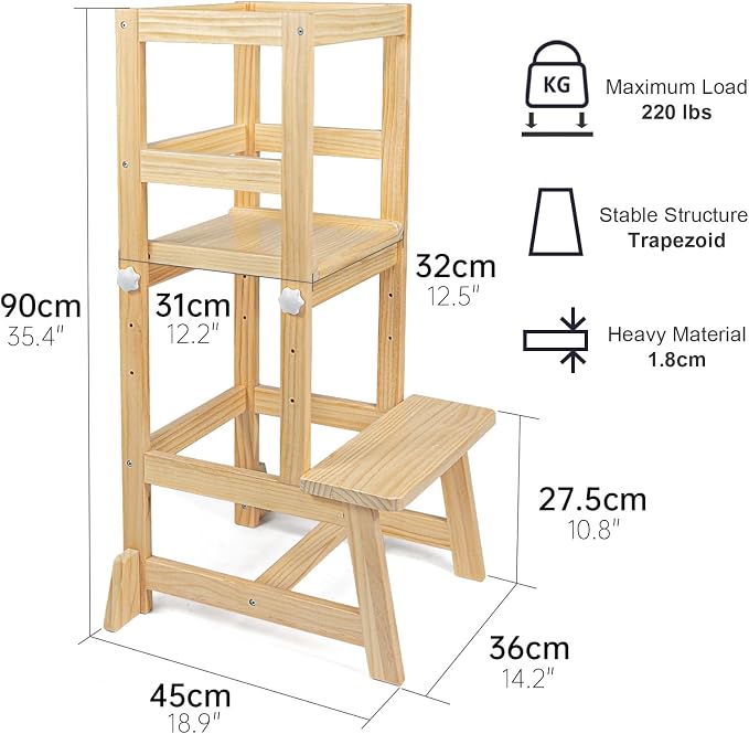 Kitchen Step Stool for Toddlers with Non-Slip Mat, WOOD CITY Wooden Kids Montessori Learning Stool Tower, Toddler Standing Tower Helper for Kitchen Counter and Bathroom Sink (Burlywood-Adjustable)