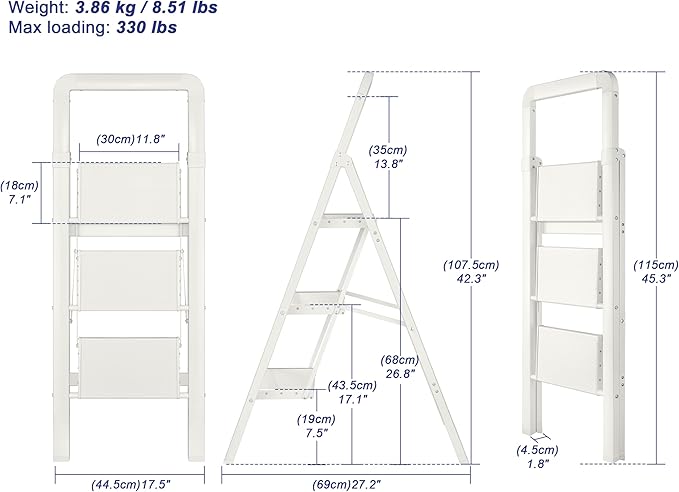 Step Ladder 3-Step White Finish Aluminum Folding Ladders