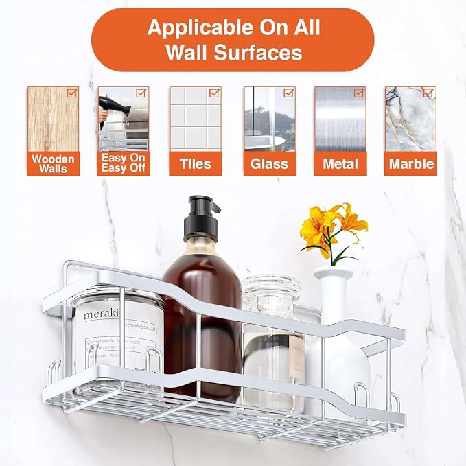 Shower Caddy Bathroom Shelves, The Athena Silken 4 Set, 40LB Capacity, Adhesive Tape -No Drill -Rustproof -Gorgeous Powder Coated 304 Stainless Steel Shower Organizer for kitchen & Home Decor - White