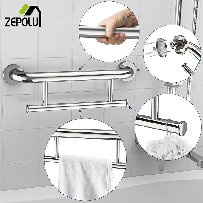 Polished Chrome Grab bar 17 inch - 1.25” Diameter, Zepolu 2-in-1 Bath Towel Bars for Bathroom, Stainless Steel Safety Assist Balanced Support Handle, Wall Mounted Towel Grab Bars for Senior Handicap
