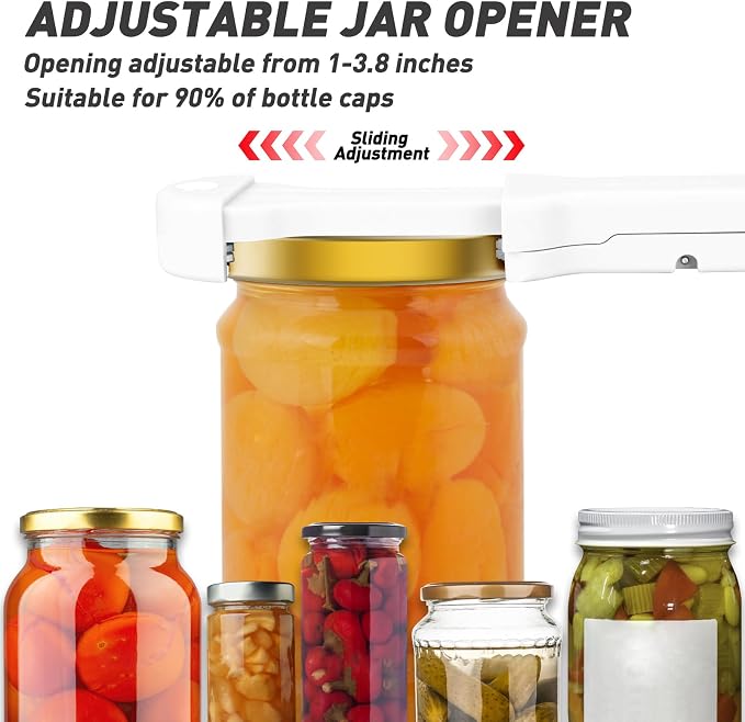 Jar Opener for Seniors with Arthritis, 7 in 1 Bottle Opener and Wine Corkscrew, Easy Grip Kitchen Gadget for Weak Hands Elderly, Retractable Jaw Lid Opener with Magnetic Storage (White)