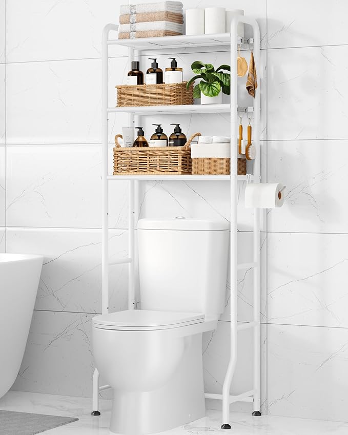 Kitsure Over Toilet Storage Rack - Metal Over Toilet Bathroom Organizer Shelf, Over the Toilet Storage Cabinet with Paper Holder and Hooks, Bathroom Cabinet for Laundry, White, 3 Tiers (63.2" H)