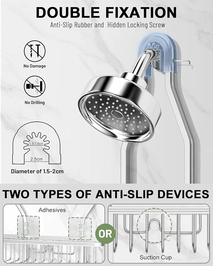 Shower Caddy Hanging - Never Rust Shower Hanging Organizer - Aluminum Over the ShowerHead Caddy with Soap Basket and 6 Hooks for Razor/Sponge (Shiny Silver)