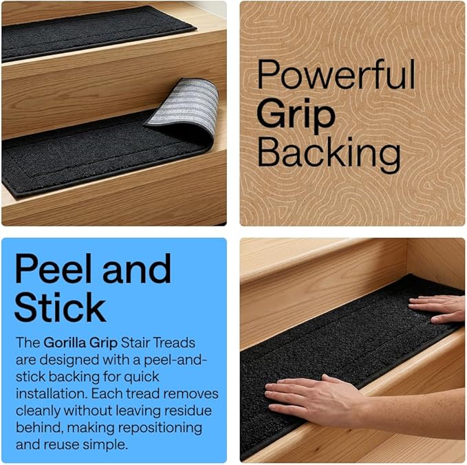 GORILLA GRIP Peel and Stick Stair Treads for Wooden Steps, Multi-Surface Use, Machine Washable Carpet Runners, Indoor Rugs for Stairs, Pet Friendly, Universal Size, 4 Pack Black, 8x28 Inches