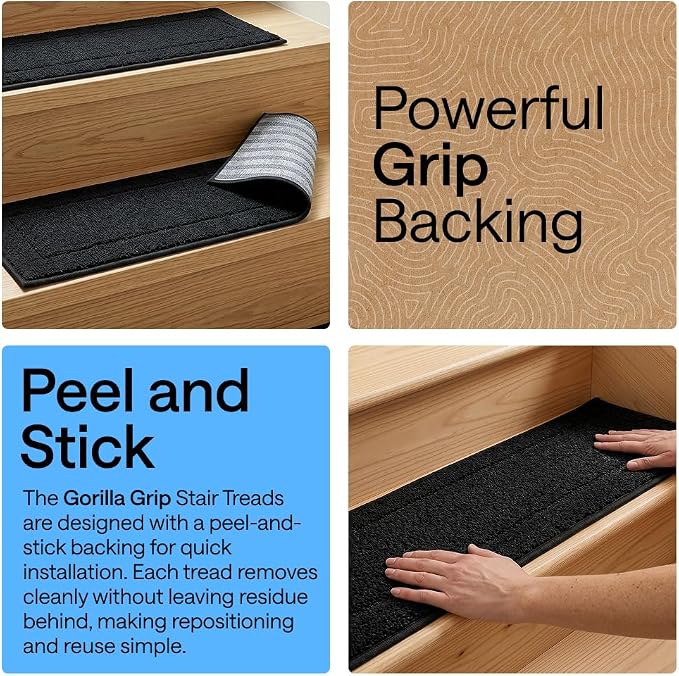 GORILLA GRIP Peel and Stick Stair Treads,12 Pack, for Wooden Steps, Multi-Surface Use, Machine Washable Carpet Runners, Indoor Rugs for Stairs, Pet Friendly, Universal Size, Black, 8x28 Inches
