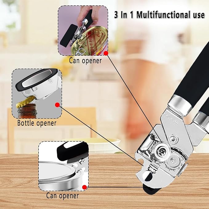 Multifunctional Stainless Steel Manual Can Opener and Bottle Opener, Heavy Duty Hand Held Can Opener with Easy Turn Knob, Sharp Blade Smooth Edge, Good Grips Kitchen Tool for Seniors (Black Silver)