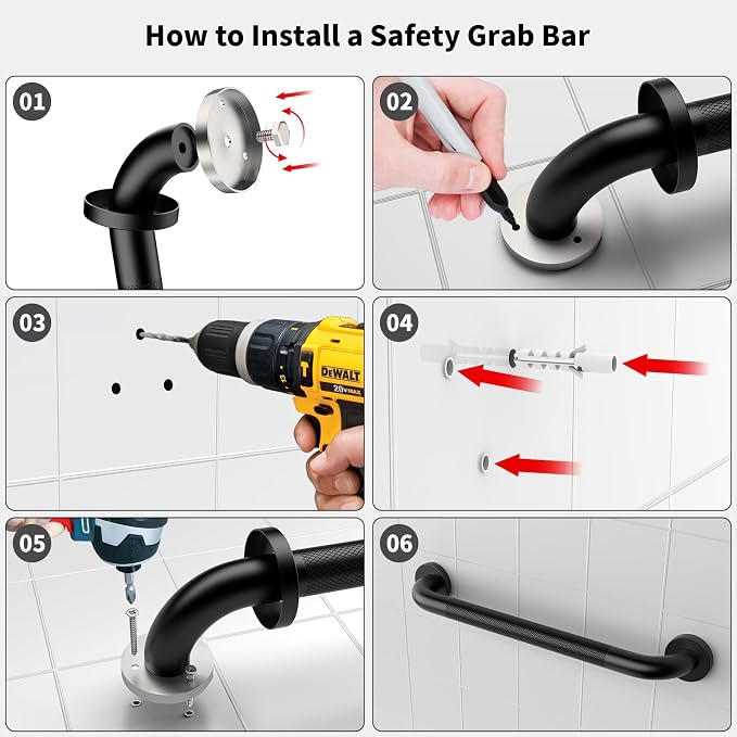 Black Grab Bar 20 Inch, iHansee Anti-Slip Bathroom Grab Bar w/Knurled Grip, Stainless Steel Safety Handrail for Toilet Bathtub Shower, Wall Mounted Matte Black Handicap Bars Handle for Senior Elderly