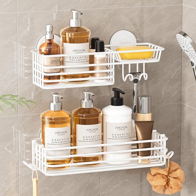 LEVERLOC Shower Caddy Suction Cup, 2 Pack Shelves for Inside with Hooks and Soap Holder, NO-Drilling Bathroom Organizer, Rustproof Meatl Bathroom Holder, White