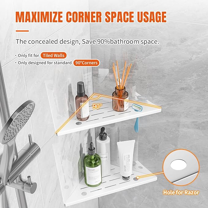 Corner Shower Shelf with Razor Hole, Rustproof Stainless Steel Shower Organizer, No Drilling Tile Shower Shelves, Modern Bathroom Shelf for Tile Wall, Grout in Shelf for Bathroom 2-Pack, 10"