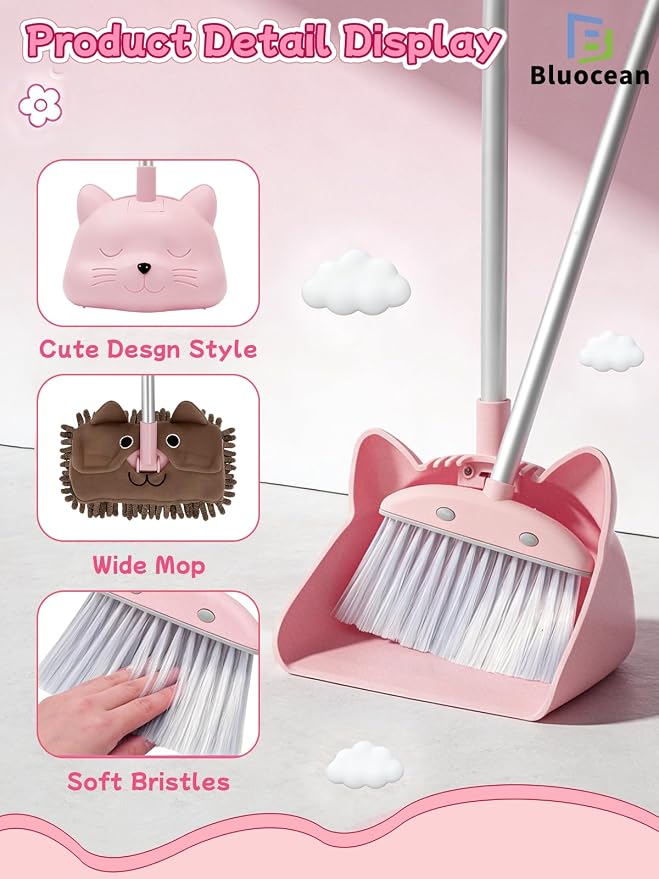 28'' Kids Mini Broom with Dustpan & Mop Set - Toddler Cleaning Toy, Toddler Household Helper, Parent-Child Interactive Play Cleaning Tool, Cute Cartoon Design, Small Safe Corner Broom (Pink)