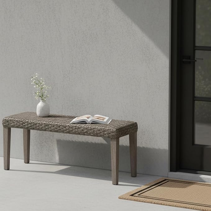 Outdoor Rattan Backless Bench, All-Weather Wicker & Solid Acacia Wood, Upholstered Premium Garden Bench with Woven Rattan Seat and Thick Outdoor Cushion for Patio, Porch, Living Room or Entryway
