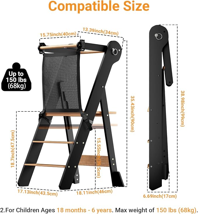 COSYLAND Foldable Toddler Standing Tower - Adjustable Height Folding Step Stool Kid Toddler Kitchen Stool for Learning and Cooking - Ages 18 Months to 6 Years with Safety Net Natural & Charcoal