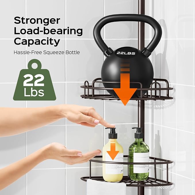 HAMITOR Shower Caddy Tension Pole: 4-Tier Rustproof Bathroom Corner Shelf Organizer for Renters - No Drill Large Shampoo Storage Rack Adjustable 47-121 Inch - Space Saving Bathtub Accessory - Bronze