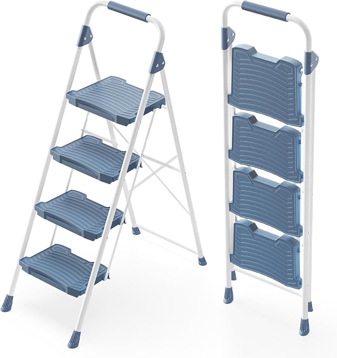 KINGRACK 4 Step Ladder, Sturdy Step Stool with Handrail, Anti-Slip Wide Pedals, Foldable Step Stool for Home, Garage, Garden, Blue, Safety Locking, Pass 900LBS Testing