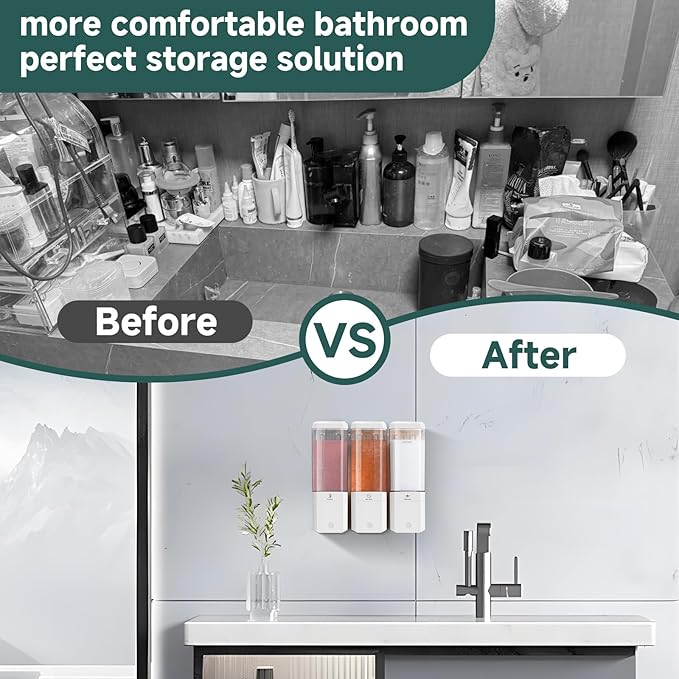Shampoo and Conditioner Dispenser 3 Chamber No Drill Shampoo Dispenser for Shower Wall Mounted Shower Soap Dispenser 3 * 500ml Refillable Shower Dispenser for Bathroom Hotel(White 3 Chamber)