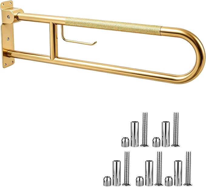 30.3 Inch Toilet Grab Bar, HUAS Gold Anti Slip Bathroom Toilet Safety Rails, U Shaped Flip-Up Handicap Grab Bars w/Paper Holder, Stainless Steel Support Handrail for Elderly Disabled Senior
