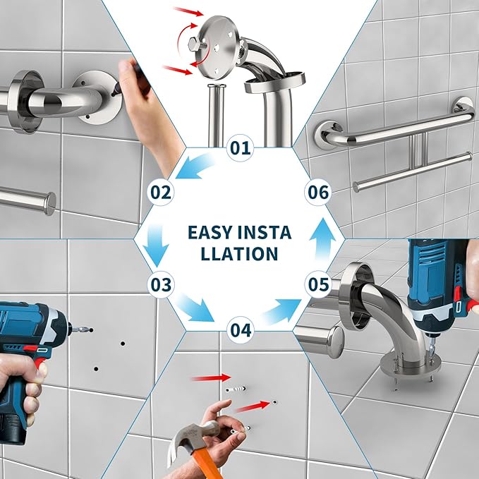 Chrome Grab Bar w/Double Toilet Paper Roll Holder 17 Inch, iHansee Stainless Steel Shower Support Balanced Support Handle, Wall Mounted Safety Bathroom Handrail for Elderly Senior Handicap Disabled
