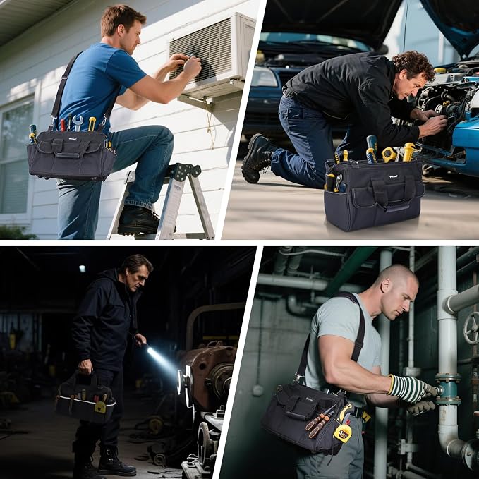 TICONN Heavy Duty Tool Bag with Multi-Pockets, Portable Tool Box Organizer Storage Bag, with Adjustable Shoulder Strap and Ergonomic Handle (Black, 14" Standard Base)
