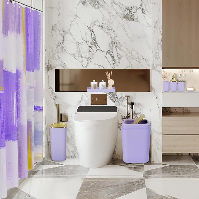 XLHOMO Purple Bathroom Accessories Set, Bathroom Sets with Shower Curtain, Purple Bathroom Accessories with Trash Can, Soap Dispenser, Soap Dish, Toilet Brush Holder, Qtip Holders for Bathroom